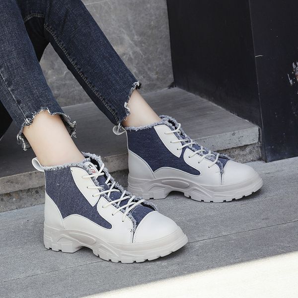 

boots female 2020 autumn new breathable ankle boots for women shoes woman thick sole leather denim lace up platform, Black