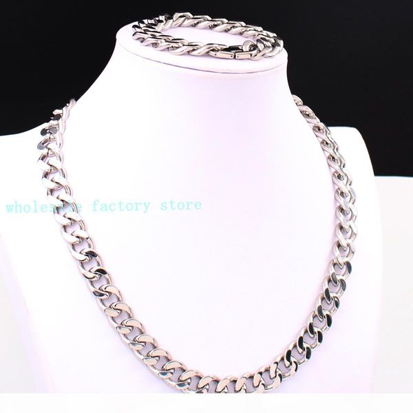

cool mens huge strong link 10mm 15mm wide silver cuban curb chain necklace bracelet stainless steel jewelry set "u" shape clasp
