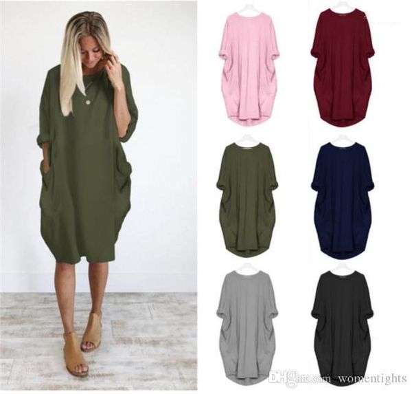 

plus size female clothes summer women pocket dresses o-neck loose long sleeve dress women causal dresses, Black;gray