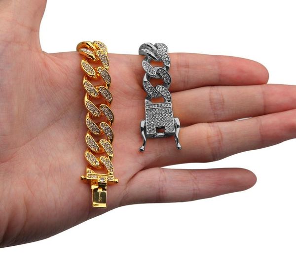 

the bling king miami cuban link chain necklace & bracelet set full iced out rhinestones bling bling hiphop jewelry set11, Silver