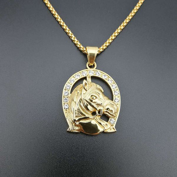 

hip hop rhinestones paved bling iced out stainless steel horse head pendants necklaces for men rapper jewelry, Silver