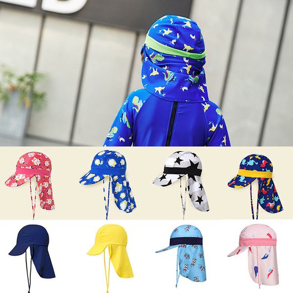 

kids children summer upf 50+ uv protection outdoor beach sun hat boy girl swim cover flap cap adjustable dinosaur caps, Yellow