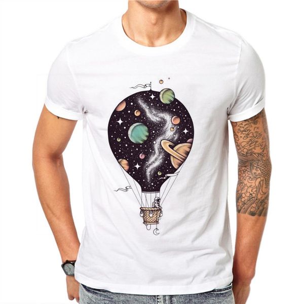 

100% cotton air balloon design summer short sleeves cartoons universe astronaut men white tees t-shirts shirt