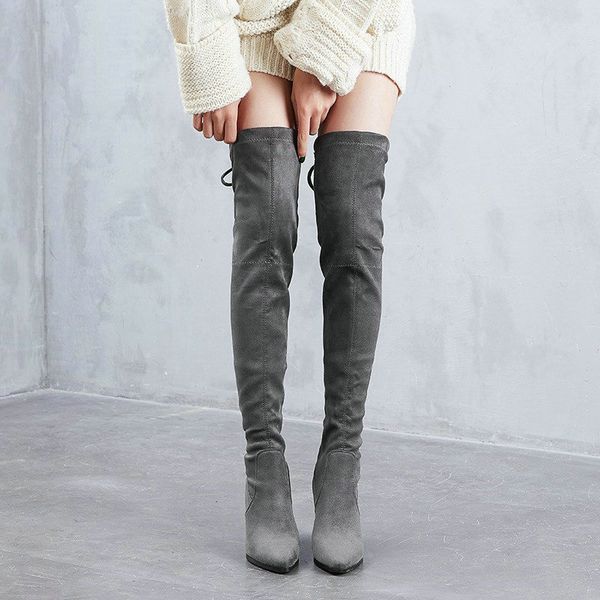 

boots quality sheep velvet leather women over the knee lace up high heels shoes winter warm size 35-40, Black