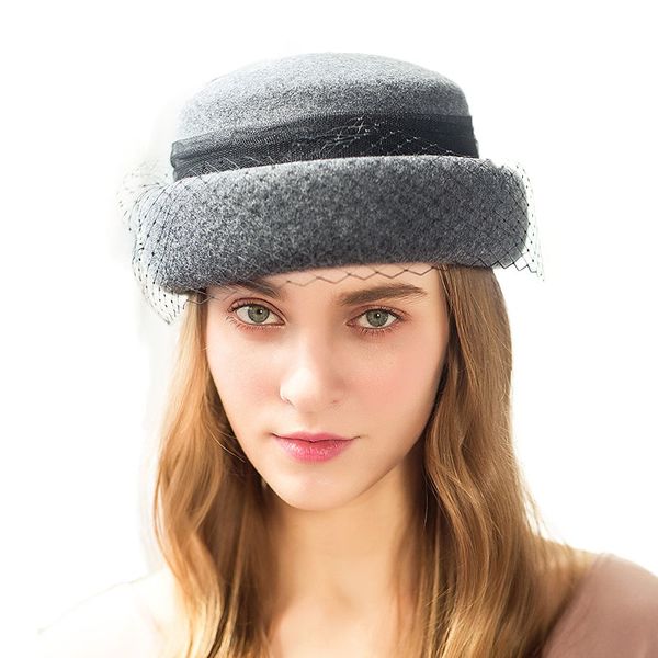 

stingy brim hats winter fashion vintage women ladies wool fedora net hat beret felt with veil cap 3 color m68, Blue;gray