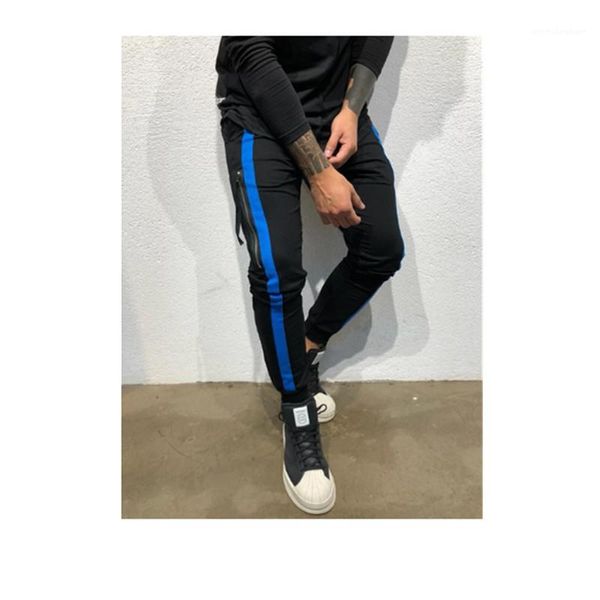

drawstring fashion sport pants color strip joint casual long pants mens designer panelled pencil pants homme, Black