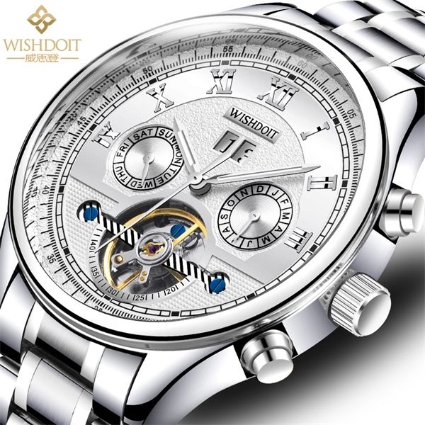 

doit men's watch brand luxury mechanical watch casual leather stainless steel men's clock fashion chronograph watch 0924, Slivery;brown