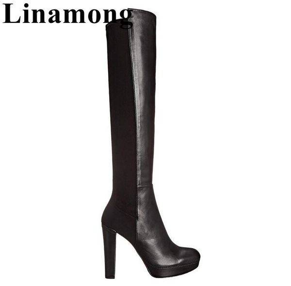 

black sample fashion women boots splice design round toe and sqaure high heel winter est over-the-knee women shoes