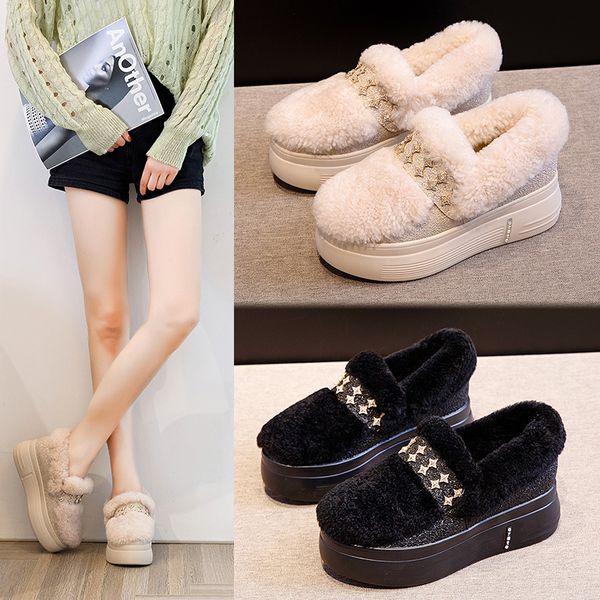 

shine star furry snow boots women solid slip on winter booties lambs fur short botas girls lovely round toe plush platform shoes, Black