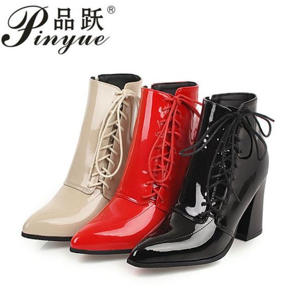 

boots size 34--43 pointed toe high heels ankle women fashion patent leather warm booties red bridal, Black