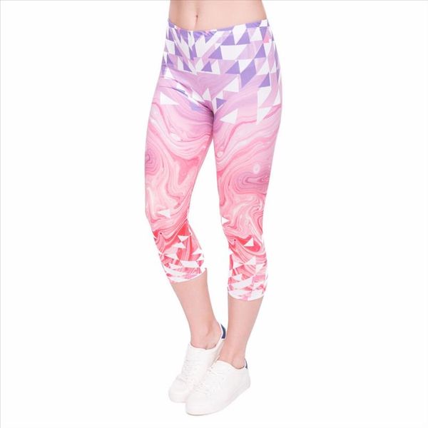 

fashion summer women capri leggings triangles pink marble printing mid calf 3 4 trousers movement leggins capri pants, Black
