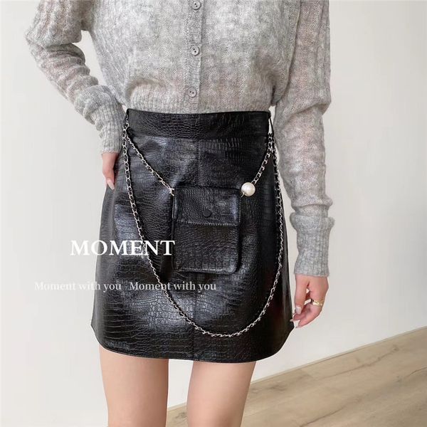 

skirts mini women pu students girls short a-line, Black