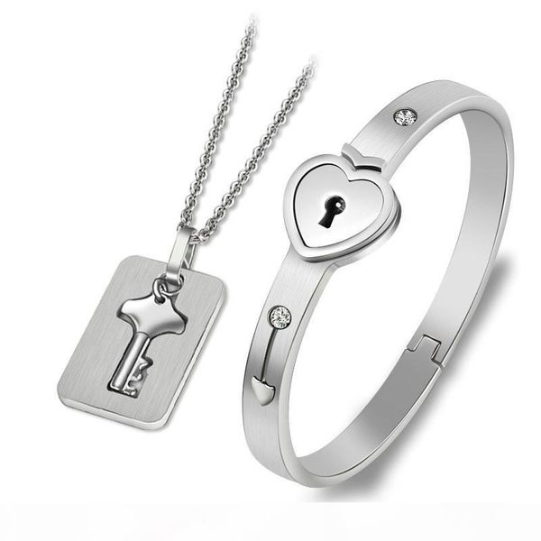 

new fashion couples jewelry 2pcs stainless steel silver love heart lock bangle bracelet matching key tag pendant necklace couple set