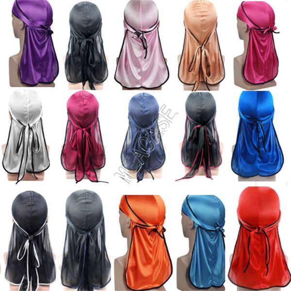 

new durags designer silky durag long tail dorag silk wave waver caps headwrap bandana turban wigs headwear solid color pirate hat d82410, Black;white