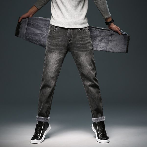 

men's jeans 2021 winter warm slim fit business fashion thicken denim trousers fleece stretch brand pants dark grey,p341, Blue
