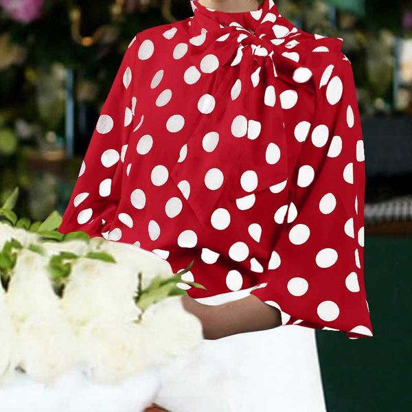 

women's blouses & shirts celmia plus size satin women fashion lantern sleeve casual polka dot 2021 elegant bow loose work blusas, White