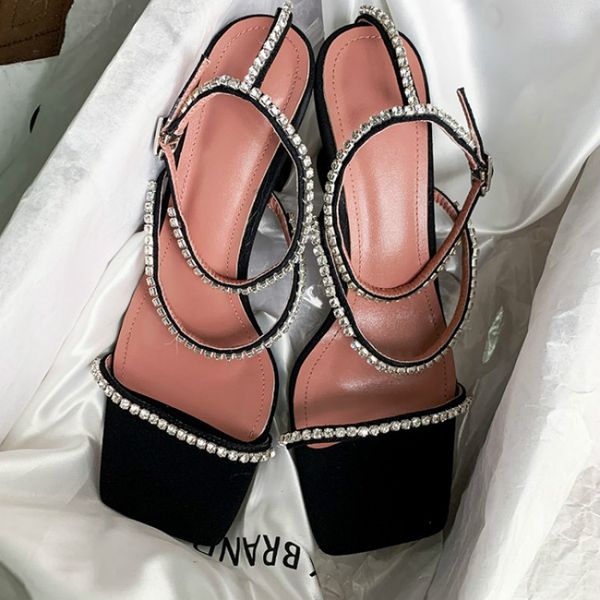 

cialisa 2020 new summer design fashion crystal narrow band wine glass black party heels one-character female open toe sandals