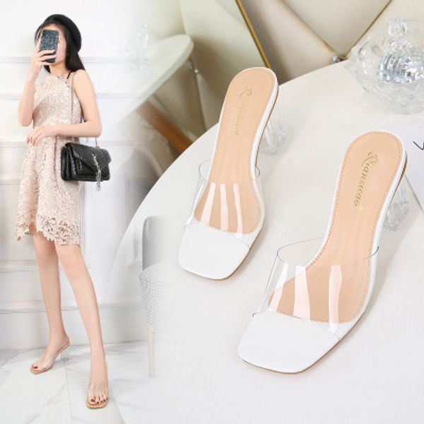 

thin bottom thick heel slippers net red transparent crystal shoes .5 cm comfortable non-slip female sandals summer women's shoe, Black