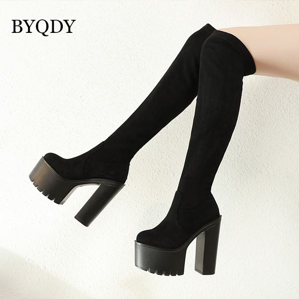 

byqdy thigh high flock shoes women strappy over the knee high motorcycle boots tall shaft goth creepers stretch fabric booties, Black