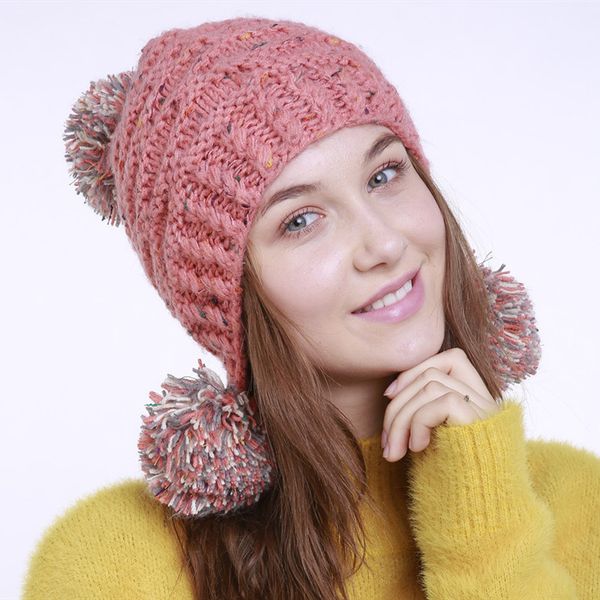 

new knitted hats women cute beanies hat thick beanie skullies velvet knit bonnet caps ladies earmuffs woo ball pom poms hats, Blue;gray