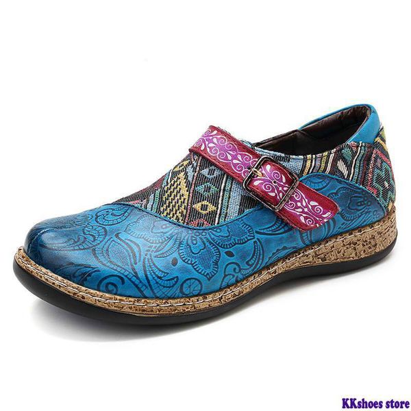 

retro buckle strap genuine leather splicing jacquard pattern soft hook loop zipper vintage comfortable flat shoes new, Black