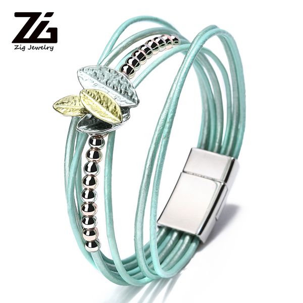 

zg fashion gifts for leather bracelets for women jewelry metal leaves charm bohemian women's bracelet, Red;blue