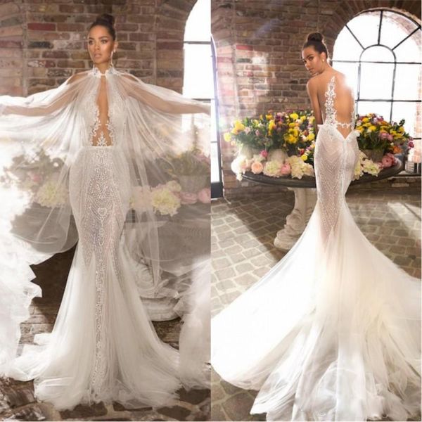 

2020 new elihav mermaid wedding dresses with wrap lace appliqued sheer neck bohemian wedding dress illusion backless boho bridal gowns, White
