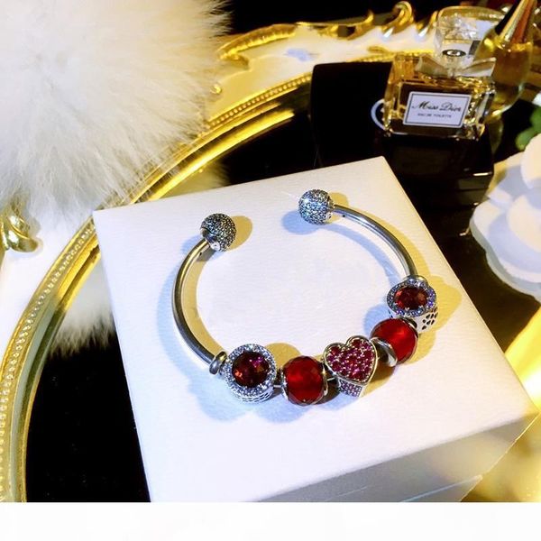 

red love charm open bracelet for designer 925 sterling silver set cz diamond diy beaded bracelet with box, Golden;silver