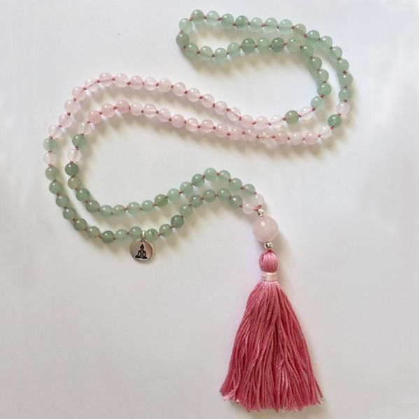 

108 prayer beads with buddha charm necklace tassel jewelry rose q-uartz and aventurine mala beads necklace boho jewelry gift, Silver
