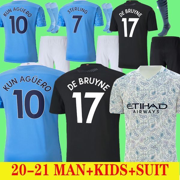 

manchester sterling de bruyne kun aguero 20 21 manchester soccer jersey city 2020 2021 jersey football shirt men kids kit sets uniform, Black;yellow