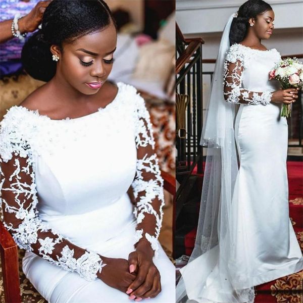 

african satin mermaid wedding dresses 2021 long sleeves lace beaded bridal gowns plus size elegant robes de mariÃ©e, White