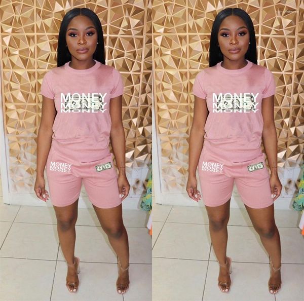 

crew neck short sleeve pullover feamle tracksuits fashion casual clothing womens summer dollar print 2pcs suits, Gray