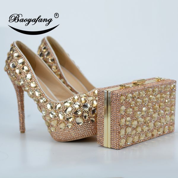 

baoyafang champagne crystal woman wedding shoes and bags set high heels platform shoes thin heel fashion with bags, Black