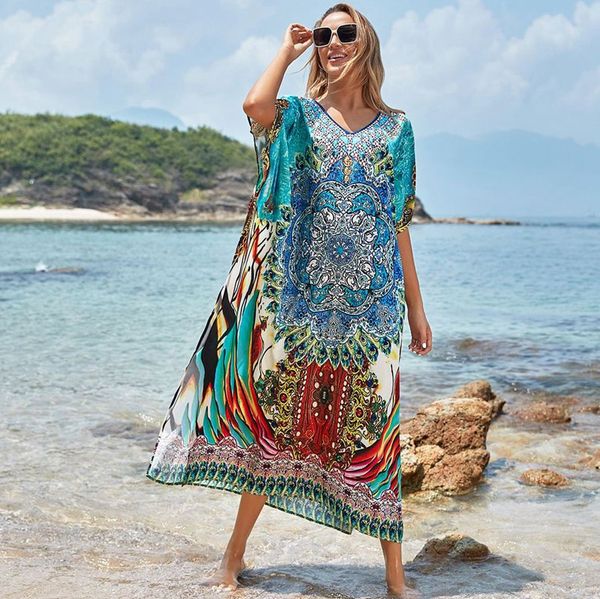 

women v neck maxi dress print beach wrap split summer long robe bohemia, Black;gray