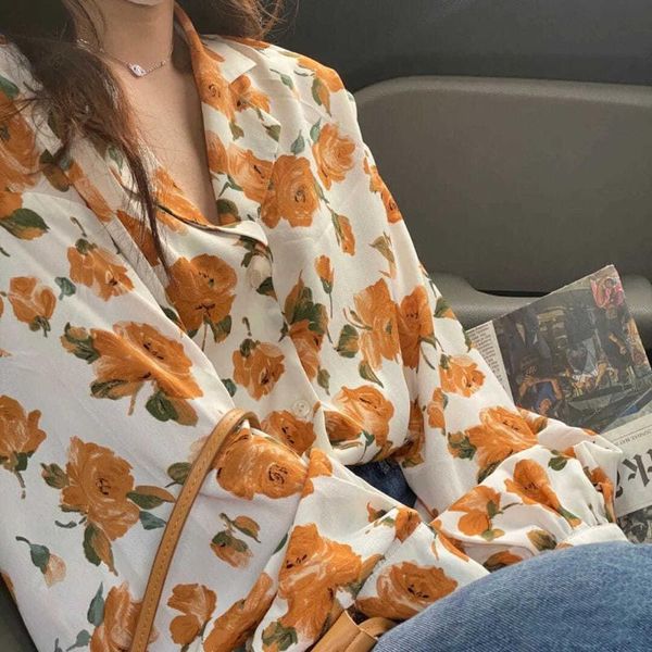 

women's blouses & shirts yellow rose oil painting shirt women retro hong kong flavor chiffon 2021 v-neck floral blouse, White