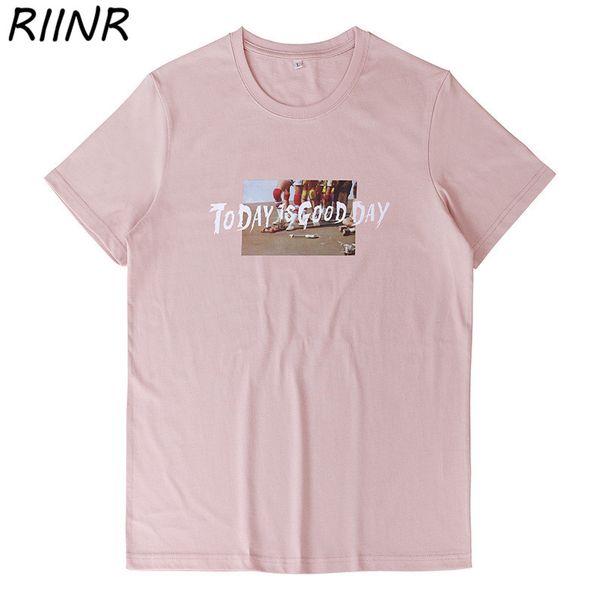 

riinr spring and summer new casual letter printing short-sleeved t-shirt men's round neck loose japanese style men's