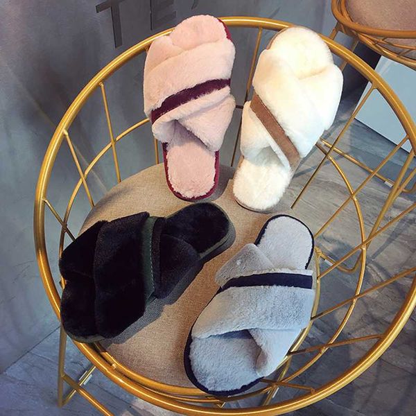 

women fluffy slipper winter warm home sandal faux fur slipper soft flat shoes female cross plush open toe sandals, Black