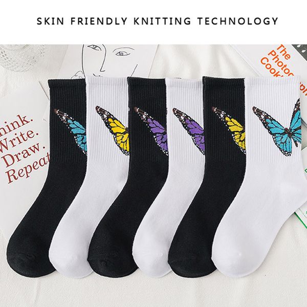 

elastic butterfly women crew socks new trend cotton female black long socks girls fashion athletic skateboard socks, Silver