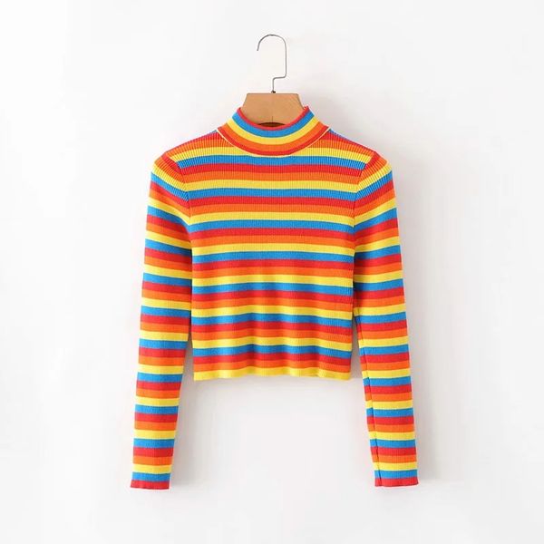 

2020 v neck long sleeve women's knits tees clothing summer new fashion show thin rainbow stripe knitting long-sleeved, White