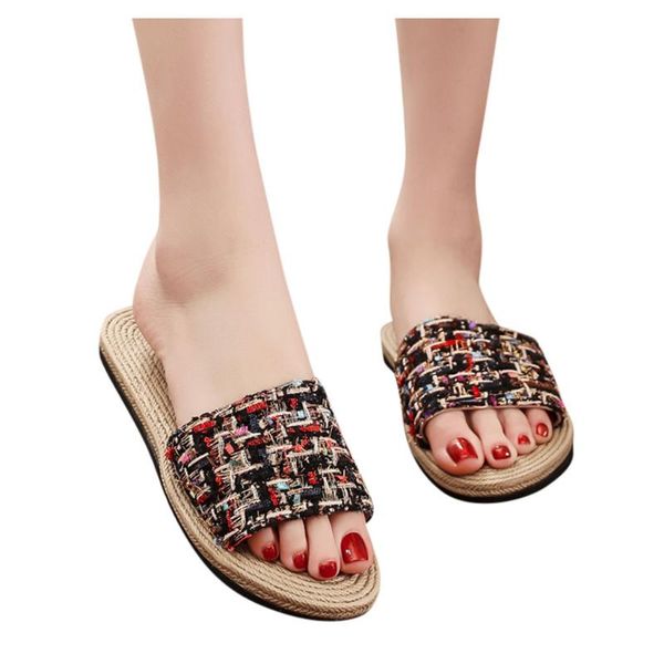 

женская мода weave cane низ плоский тапочки крытый обувь open toe главная летний пляж вскользь открытый тапочки chaussures 2020, Black