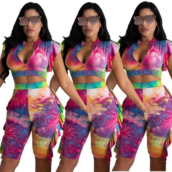 

suits fashion female clothing women two piece summer outfits pants set tie dye zipper neck fashion, White