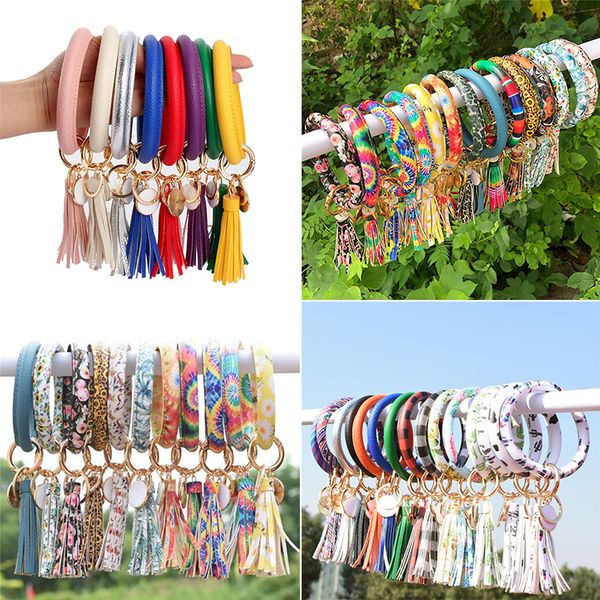 

56 styles pu leather wrap key ring women tassel bracelet leopard lily flower wristlet keychain wristband sunflower bangle bracelet chains