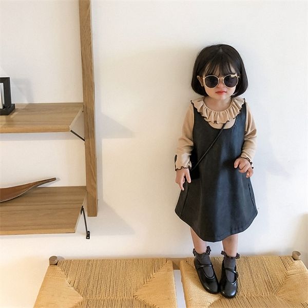 

autumn 2020 girls fashion sleeveless leather sundress kids soft all-match casual pinafore dress 0925, Red;yellow