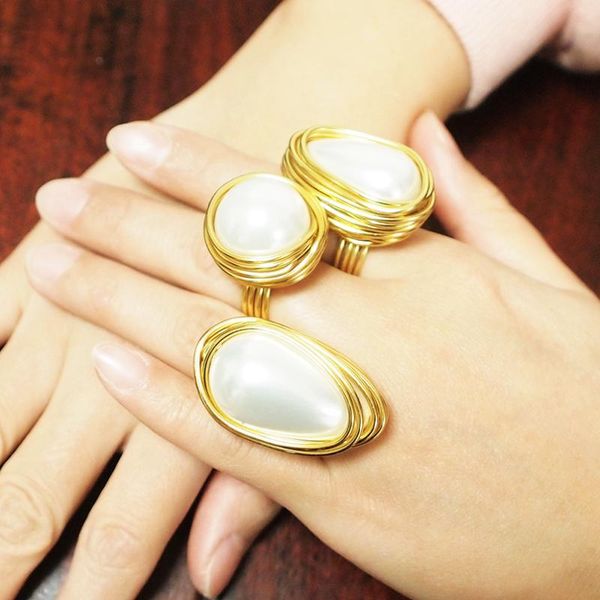 

handmade statement rings for women wire spiral round imitation pearl big rings finger wedding jewelry ukmoc, Golden;silver