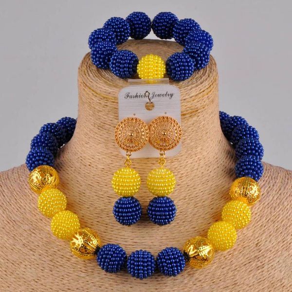 Orecchini Collana blu reale e giallo set di gioielli di moda africani simulato costume di perle nigeriano ZZ10