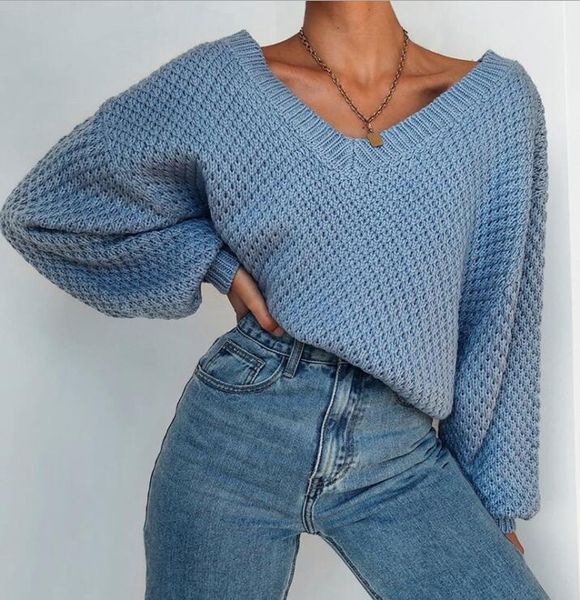 

autumn solid color v-neck loose casual all-match long-sleeved sweater women, White;black