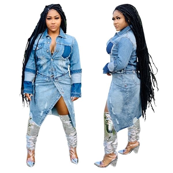 

tight-fitting retro worn-out hole jeans coat long-sleeved upper garment single piece denim long sleeve jacket medium length, Black