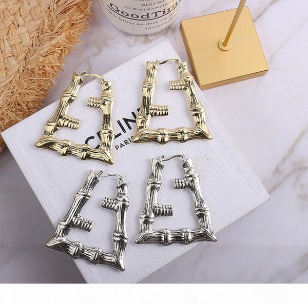 

european and american exaggerated gold and silver 2 color bamboo earrings net red big circle cool hip-hop earrings retro triangle alphabet e, Golden;silver