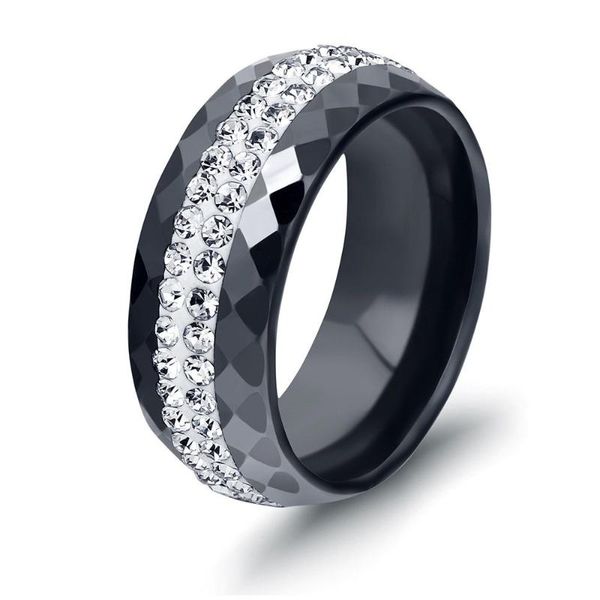 

new arrival ceramic ring multi-faceted black white color with 2 row rhinestone for women exquisite fashion jewelry wedding gifts, Golden;silver