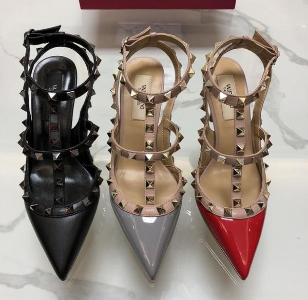 

classics v brand women sandals 10cm high heel sandal with rivets thin heel pointed toe women wedding shoes 34-43 no box, Black